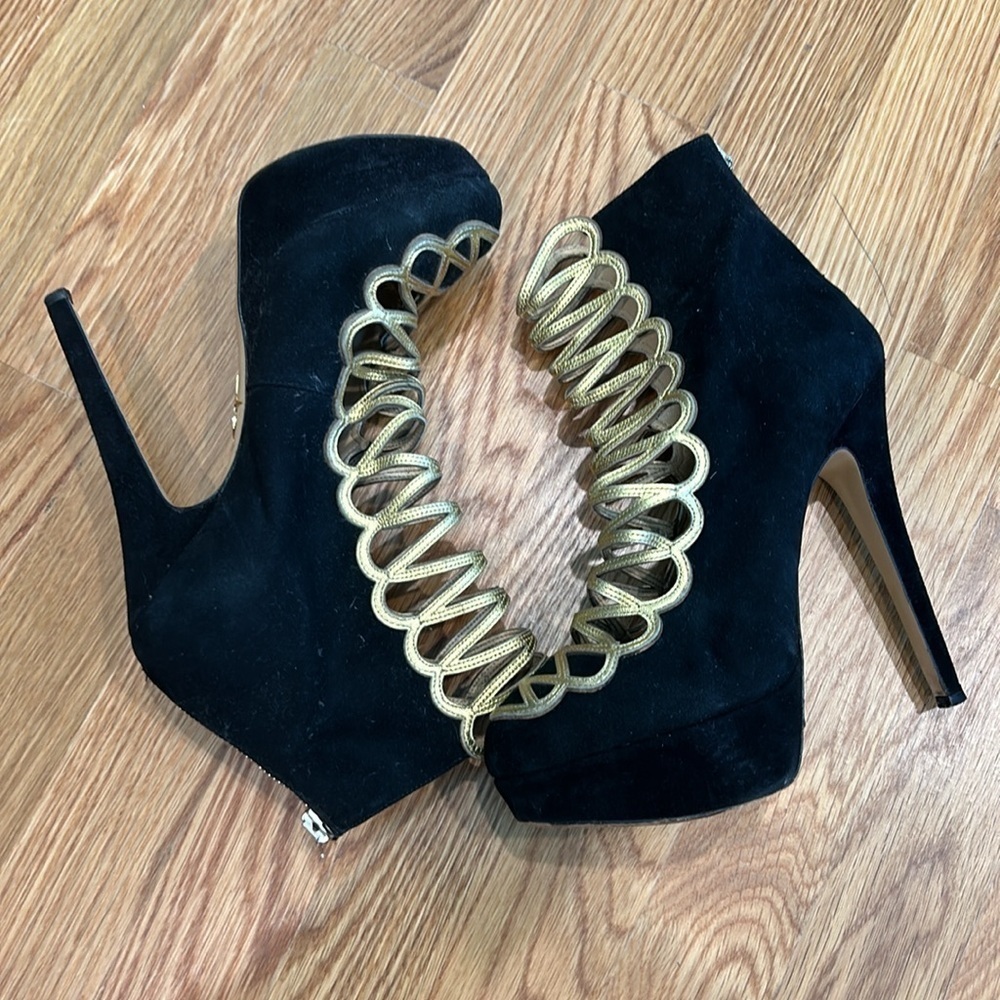 Charlotte Olympia Zena Black And Gold Suede Stiletto  Bootie Size 37 women’s - Picture 2 of 14